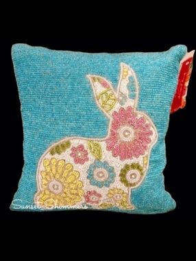 14" Sparkly BEADED Easter BUNNY RABBIT Floral Throw PILLOW Pink TURQUOISE